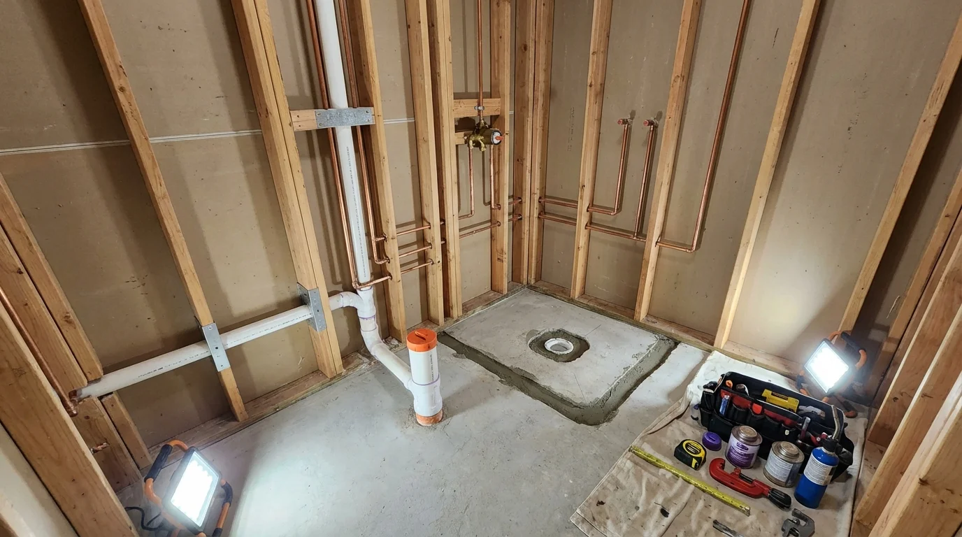 Bathroom rough-in plumbing during remodel by Johns Plumbing LLC in Albertson
