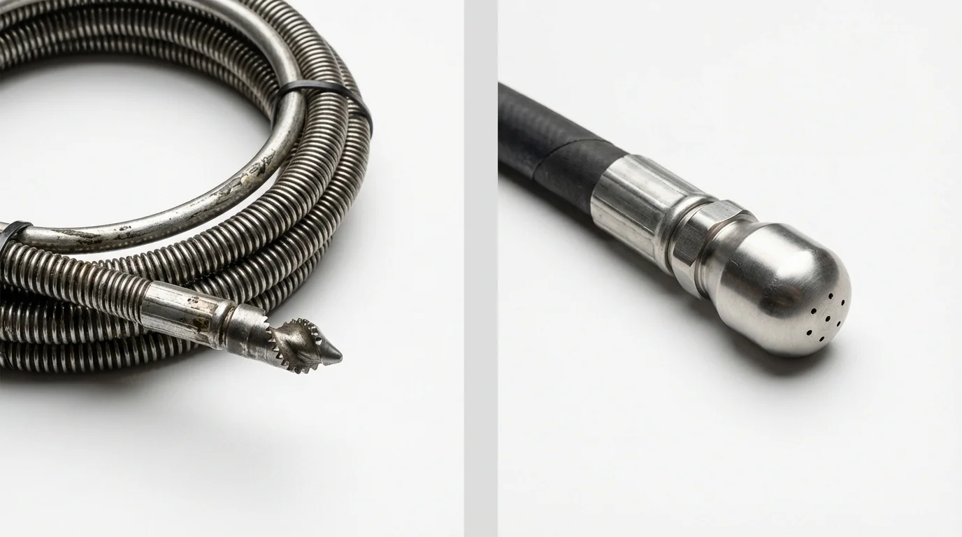 Drain snake cable and hydro jetting nozzle used for drain cleaning in Albertson, NY