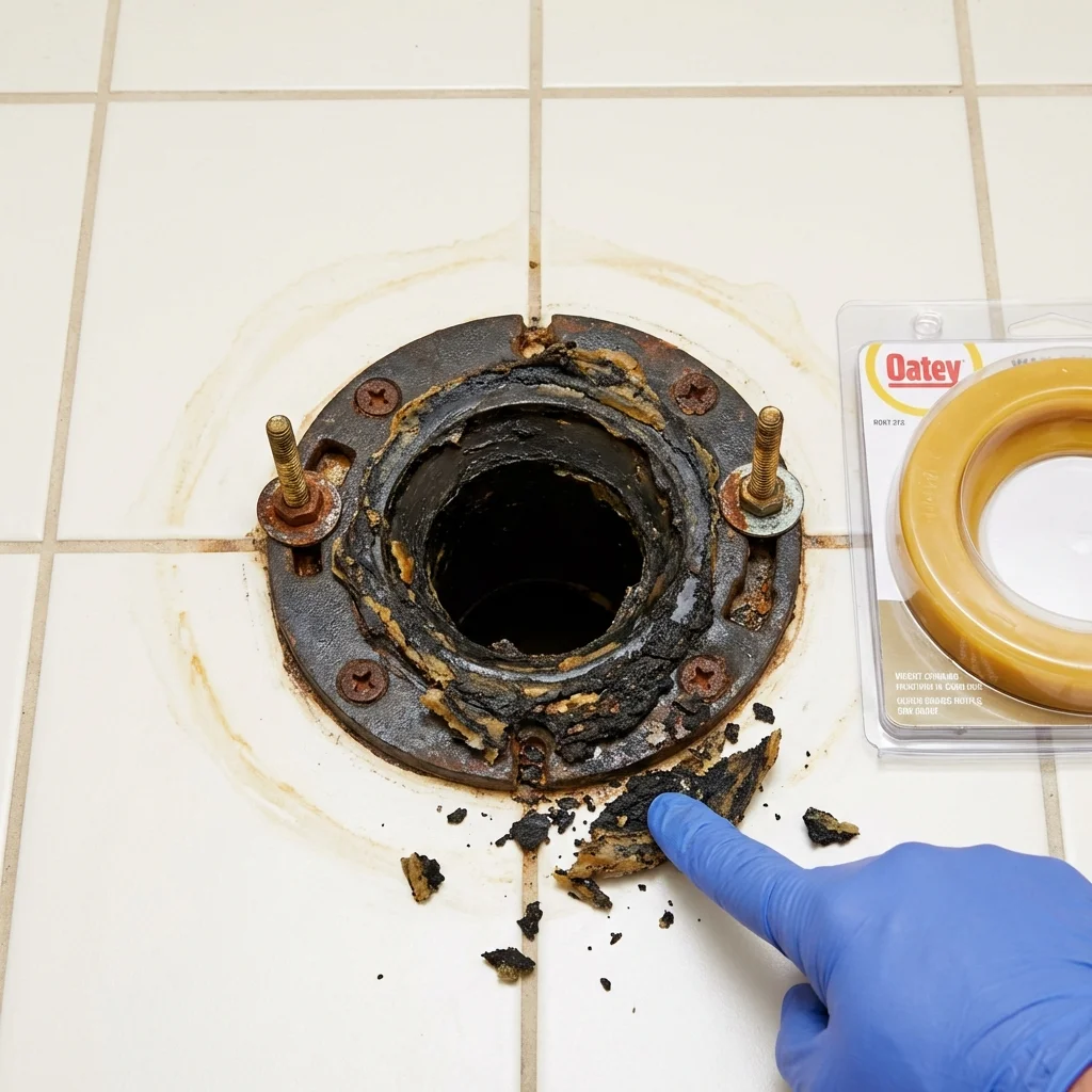 Failed wax ring showing water seepage at the base of a toilet in a Albertson, NY home
