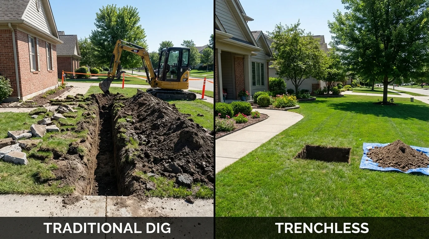 Trenchless sewer repair with minimal yard damage versus traditional excavation in Albertson, NY