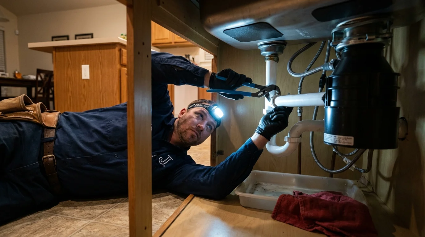 P-trap and supply line connections under a kitchen sink showing a common leak point in Albertson, NY